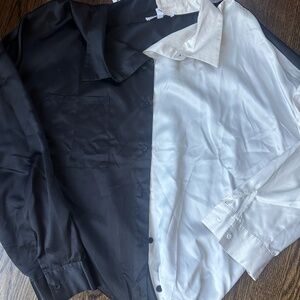 Black Cream half and half long sleeve silk-like blouse